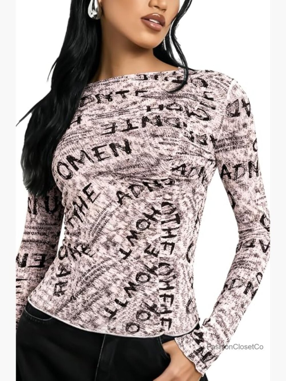 Sheer Long Sleeve Letter Print Mesh Blouse Sexy Y2K Vintage Tunic Top - Picture 1 of 7